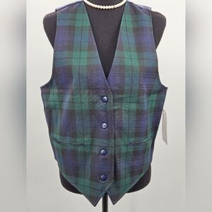NWT Karen Scott sz MED Green & Navy Tartan Plaid Ladies Button Vest Top Vintage